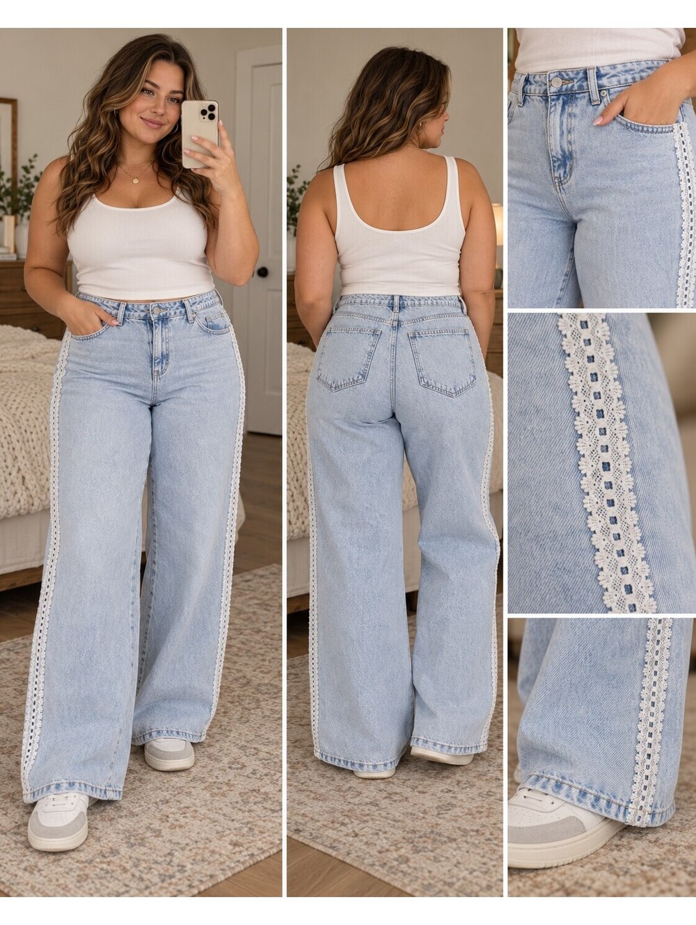 Wild Fable Women's Size 14 Light Wash Wide Leg Jeans with White Crochet Lace Trm